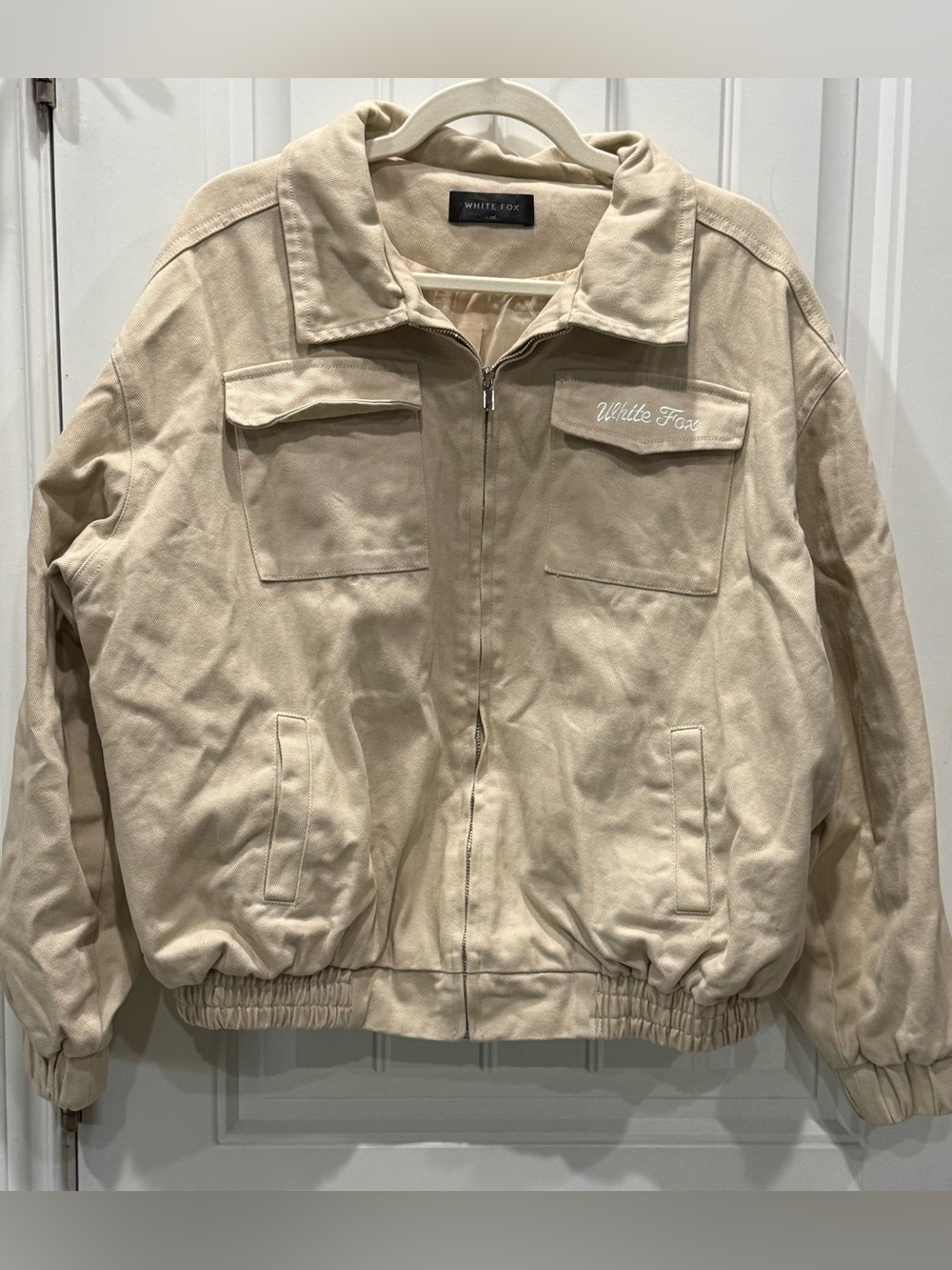 White Fox Women’s Size L/ XL Full Zip 100% Cotton Beige Bomber Jacket EUC